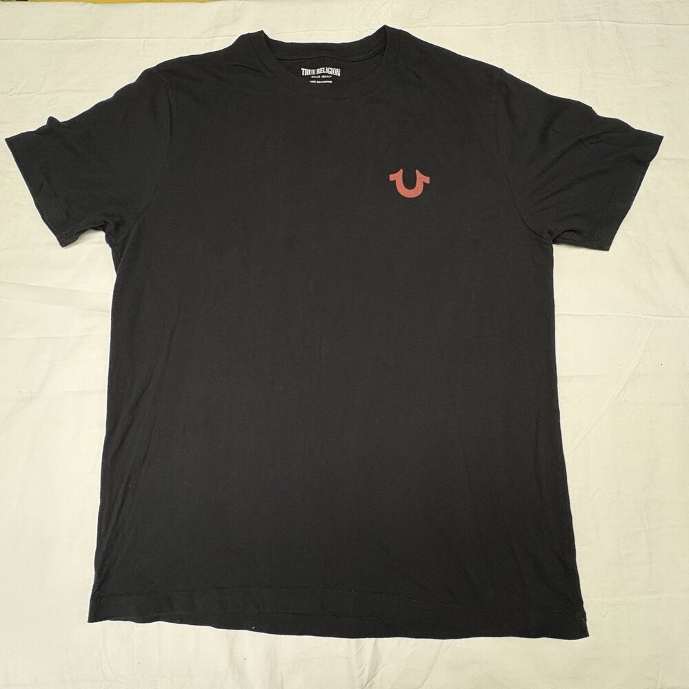 True Religion Mens XL Black T-Shirt Red Horseshoe Logo Cotton Crew Neck Tee